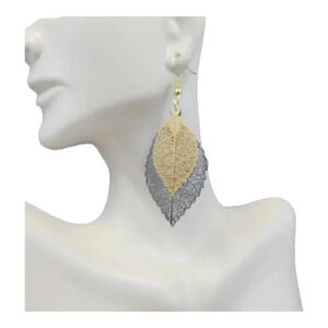 Golden and Black Skeleton Leaf two layer Dangle Earrings